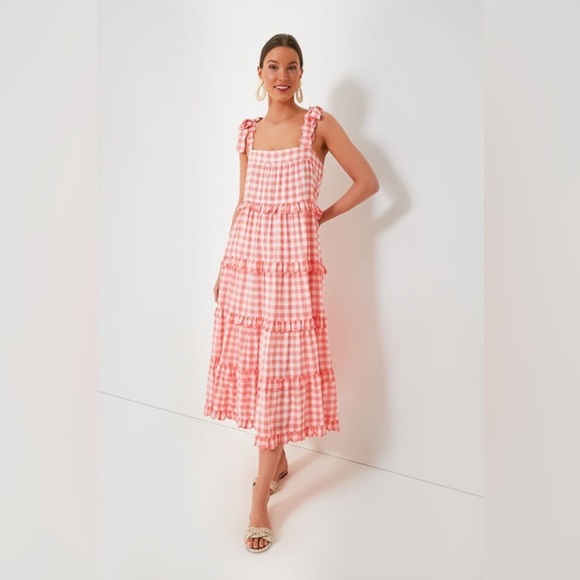 PINK CITY PRINTS Apricot Gingham Acapulco Dress tie shoulder midi tiered - Picture 1 of 6